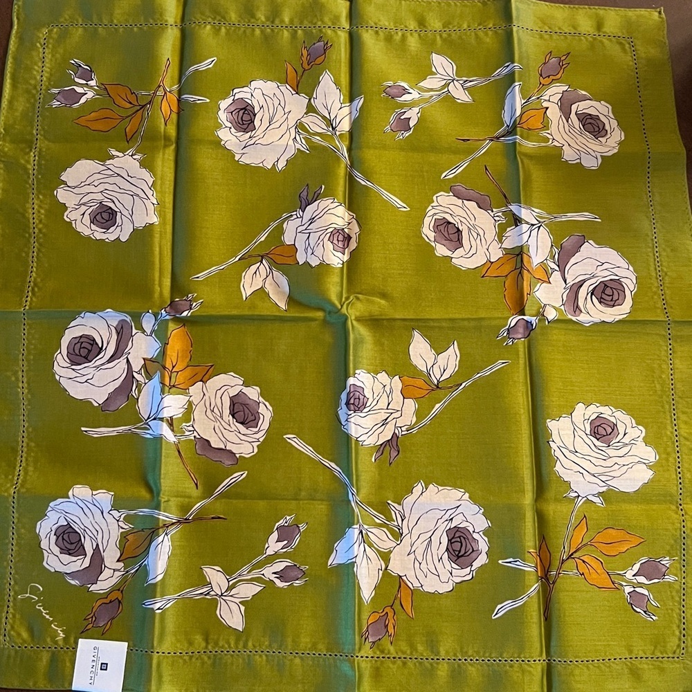 Vintage Givenchy Floral Handkerchief – Olive Green, New in Packaging - Picture 2 of 3